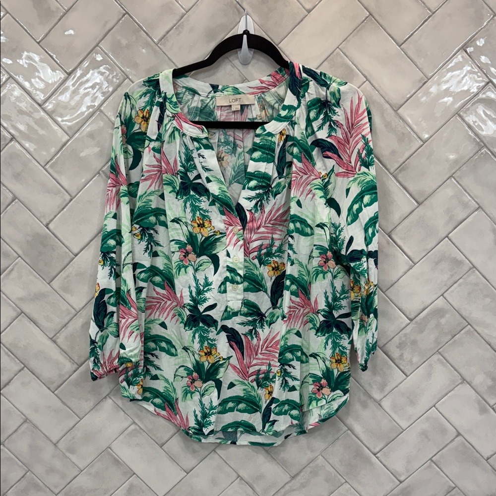 LOFT Tropical Leaf & Floral Button-Front Blouse in Green and Pink